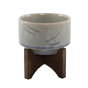 4 in. Glass Blue Ceramic Constellation Pot on Wood Stand Mid-Century Planter