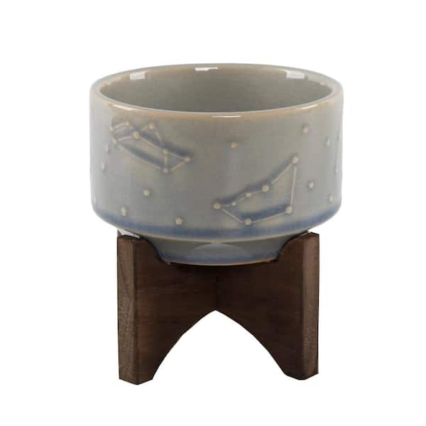 Flora Bunda 4 in. Glass Blue Ceramic Constellation Pot on Wood Stand Mid-Century Planter