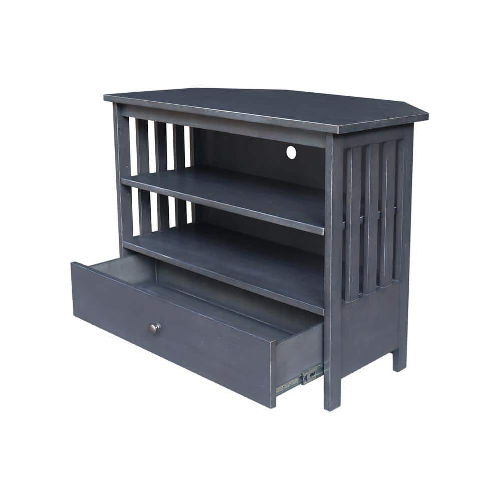 Heather Gray Solid Wood Corner TV Stand with Cabinet and Shelves