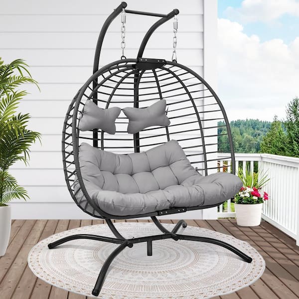 Large 2-Person Light Gray Wicker Double Porch Swing Egg Chair with Cushion