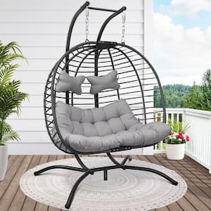 Large 2-Person Light Gray Wicker Double Porch Swing Egg Chair with Cushion