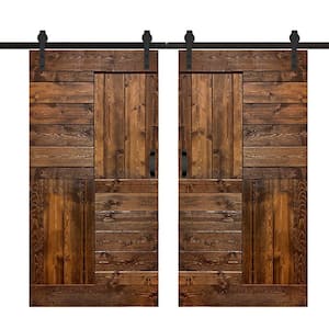 S Series 84 in. x 84 in. Dark Walnut Finished DIY Solid Wood Double Sliding Barn Door with Hardware Kit