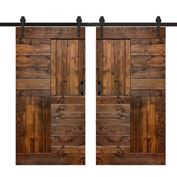 ISLIFE S Series 84 in. x 84 in. Dark Walnut Finished DIY Solid Wood Double Sliding Barn Door with Hardware Kit