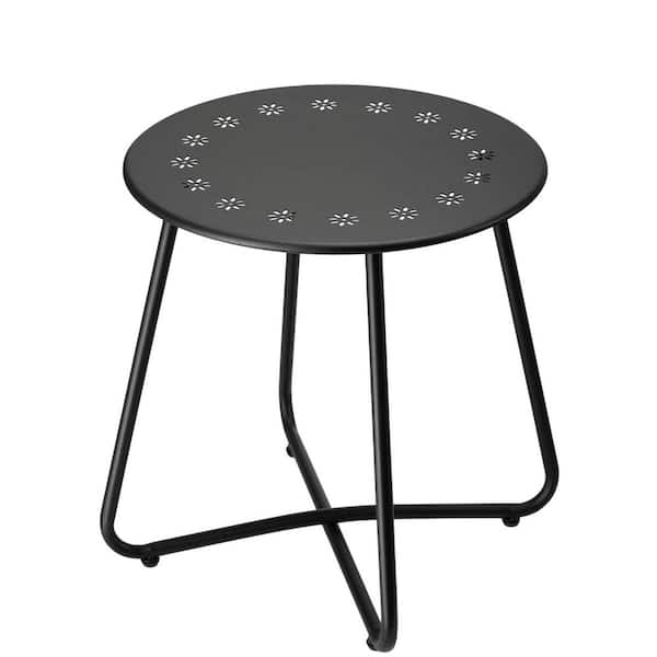 Outdoor Side Table with Flower Cut Outs Weather Resistant Steel Round End Table for Patio Yard Balcony Garden Black