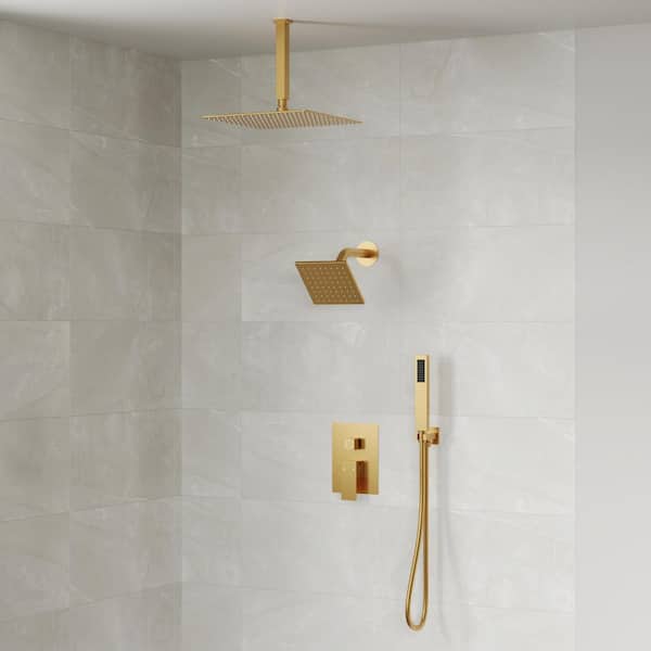 EVERSTEIN 3-Spray Patterns Square Fixed Shower Head 10 and 6 in. with 2.5 GPM Wall Mount Dual Shower Heads in Brushed Gold