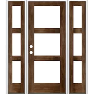 60 in. x 80 in. Modern Hemlock Right-Hand/Inswing 3-Lite Clear Glass Provincial Stain Wood Prehung Front Door with DSL