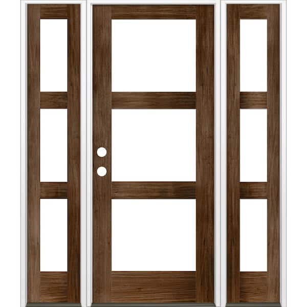 Krosswood Doors 60 in. x 80 in. Modern Hemlock Right-Hand/Inswing 3-Lite Clear Glass Provincial Stain Wood Prehung Front Door with DSL