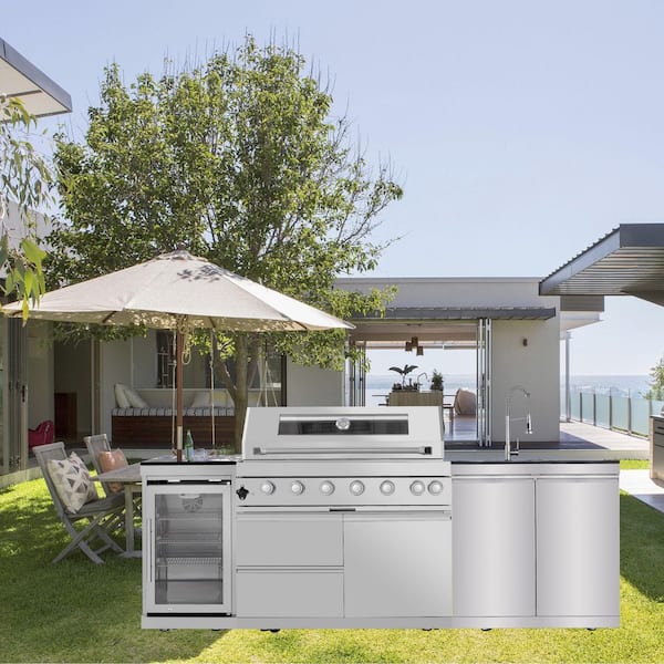Deluxe Series 6-Burner Propane Grill Island 46 in Stainless Steel with Rotisserie, Wine Cooler, and Storage Cabinets