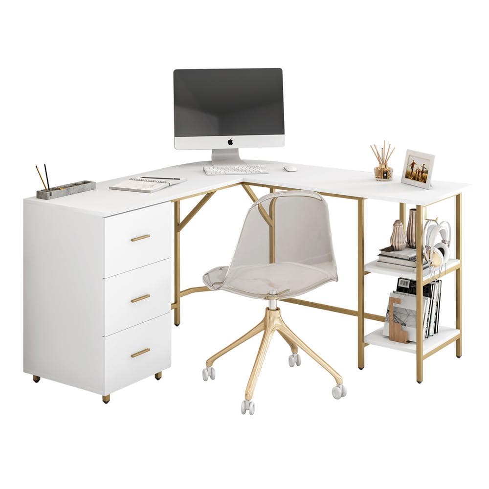 Gold and White L-Shaped Computer Desk with Drawers