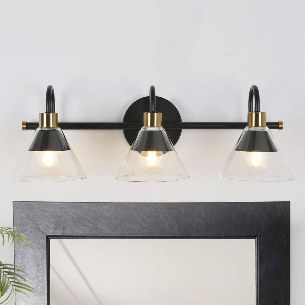 21.3 in. 3-Light Modern Transitional Black Bathroom Vanity Light, Brass Powder Room Wall Sconce with Half Metal Shade price history on PriceWatchPro