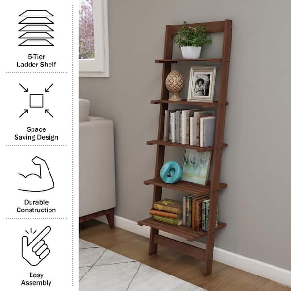 50 in. Walnut Wood 5-shelf Ladder Bookcase with Open Back
