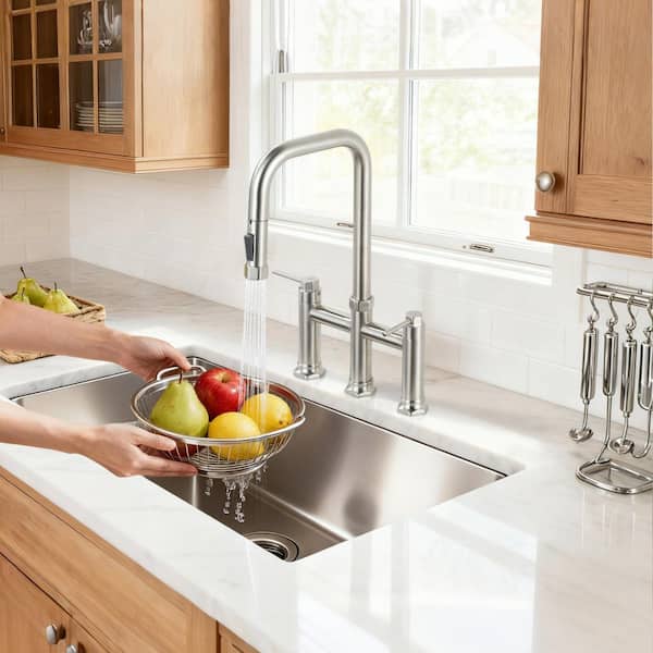 Double Handle Deck Mounted Bridge Kitchen Faucet with Pull-Down 3-Sprays Head in Brushed Nickel