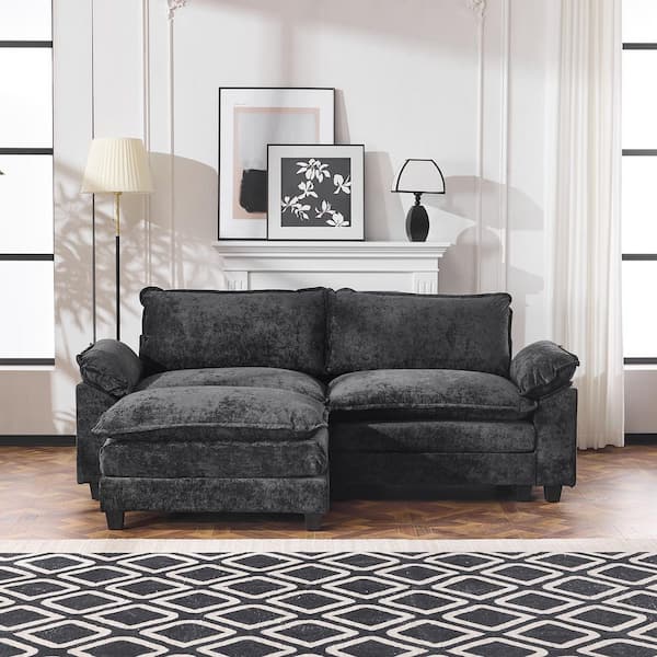 KD 85 in. Wide Pillow Top Arm Chenille L-shaped Sofa in Black with Ottoman