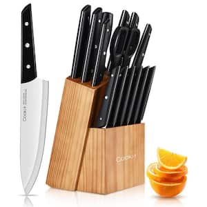 Cookit 15-Piece ABS Handle Stainless Steel Blade Knife Set with Pine Block Holder and Manual Sharpener