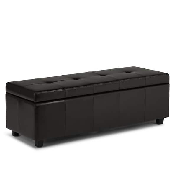 Simpli Home Castleford 48 in. Contemporary Storage Ottoman in Coffee Brown Bonded Leather