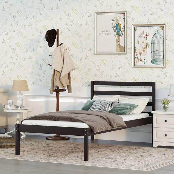 GODEER Brown Wood Frame Twin Size Platform Bed with Headboard
