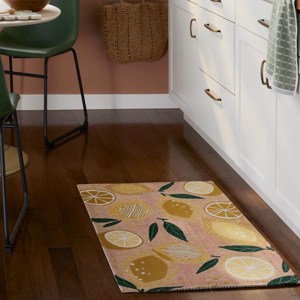 Luxe Livie Fresh Lemon Peach Pink 24 in. x 40 in. Machine Washable Kitchen Mat