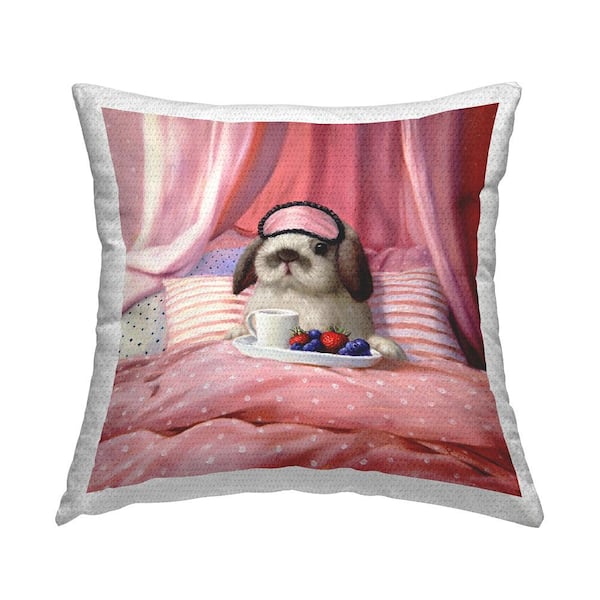Adorable House Bunny Rabbit Breakfast In Bed Pink Pink Square Outdoor Throw Pillow