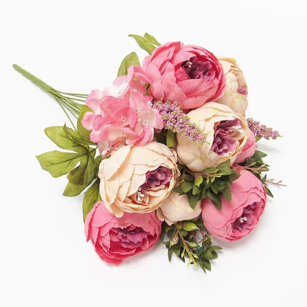 19 in. Coral Peach Artificial Mixed Peony Hydrangea Flower Stem Bush Bouquet