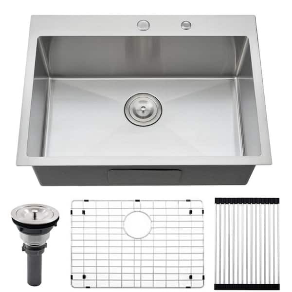 26 in. Drop-In Single Bowl 16-Gauge Stainless Steel Kitchen Sink with Dish Grid, Brushed Nickel Finish, 26x19x9 in.