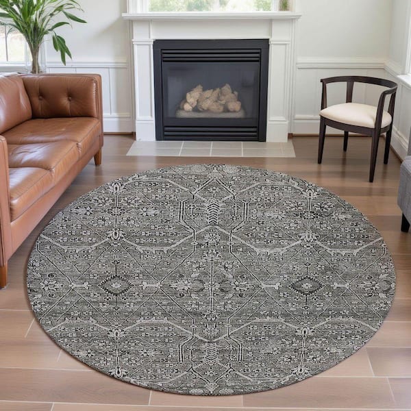 Mayfield Premium Machine Washable Abstract AMF1223 Pewter 8 ft. x 8 ft. Round Rug