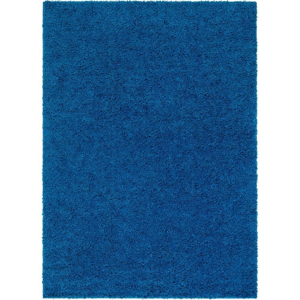 Well Woven Madison Shag Plain Modern Solid Dark Blue Thick Pile 7 ft. 10 in. x 9 ft. 10 in. Area Rug
