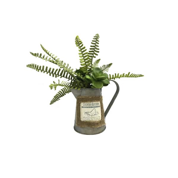 Vickerman 12 in. in Green Artificial Suculent Fern in. in Rustic Tin