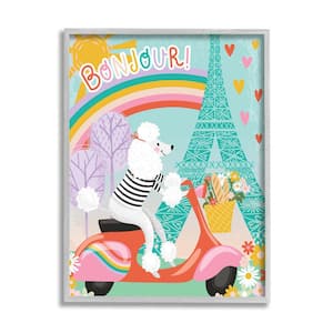 "Poodle Driving Moped Bonjour Eifel Tower" by Arrolynn Weiderhold Framed Animal Texturized Art Print 16 in. x 20 in.