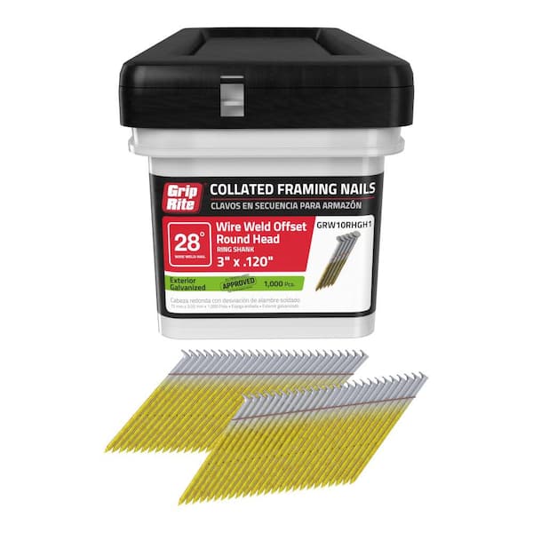 Grip-Rite 3 in. x 0.120 in. 28° Wire Collated Exterior Galvanized Offset Round Head Ring Shank Framing Nails 1000 per Box