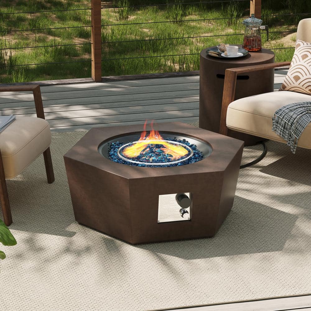 41 in. 50,000 BTU Dark Brown Hexagon Concrete Outdoor Propane Gas Fire Pit Table with Propane Tank Cover -  UPHA, 41MGO-6BX-SK