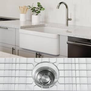 Luxury White Solid Fireclay 26 in. Single Bowl Farmhouse Apron Kitchen Sink with Stainless Steel Accs and Belted Front