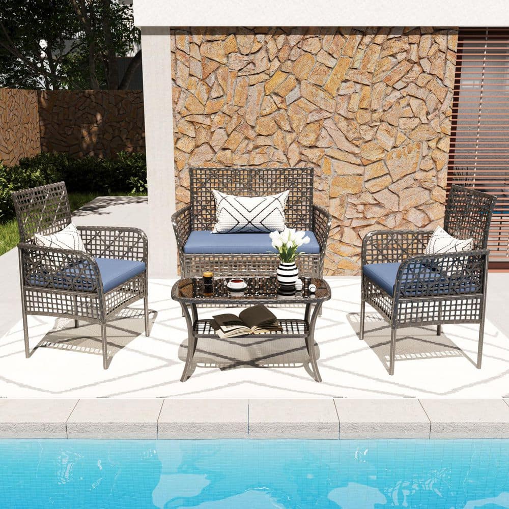 4-Piece Wicker Outdoor Patio Conversation Set with Blue Cushions and Temper