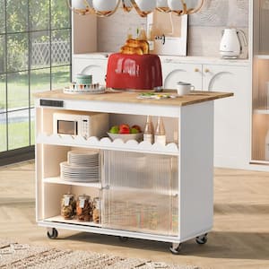 White Rubberwood Drop Leaf 44.04 in. LED Light Kitchen Island Cart Large Storage with 2 Cabinet and 1 open Shelf