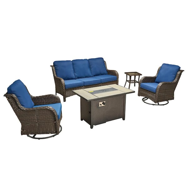 Joyoung Brown 5-Piece Wicker Patio Rectangle Fire Pit Conversation Set with Navy Blue Cushions and Swivel Chairs