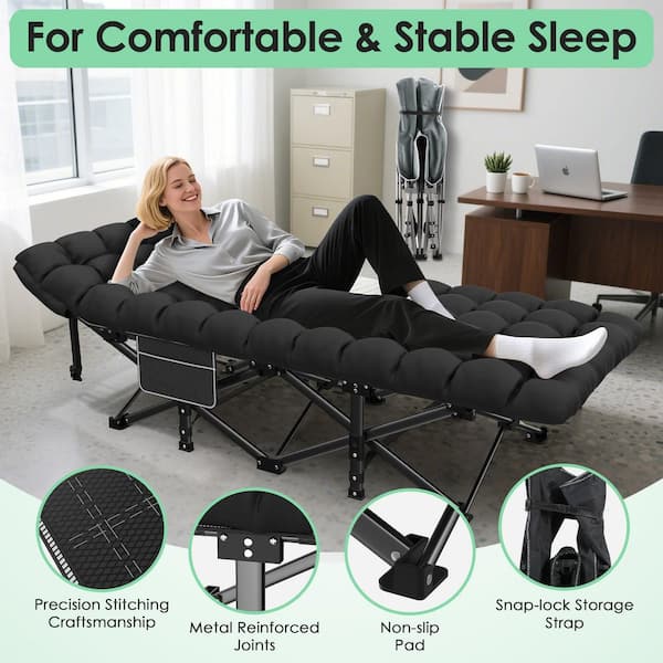 28 in. W Steel Folding Camping Cot Portable Outdoor Sleeping Cot with Soft Detachable Black Cushions