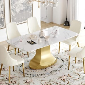 70.87 in. White Sintered Stone Tabletop Gold Pedestal Leg Dining Table with Anti-Collision Arc Corner (Seats 6)