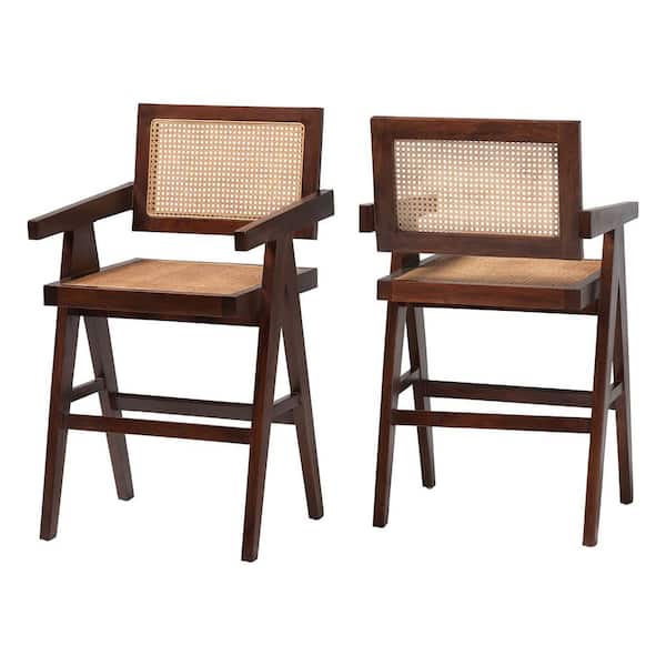 Kresna Dark Walnut Brown Wood and Natural Rattan Counter Stool (Set of 2)