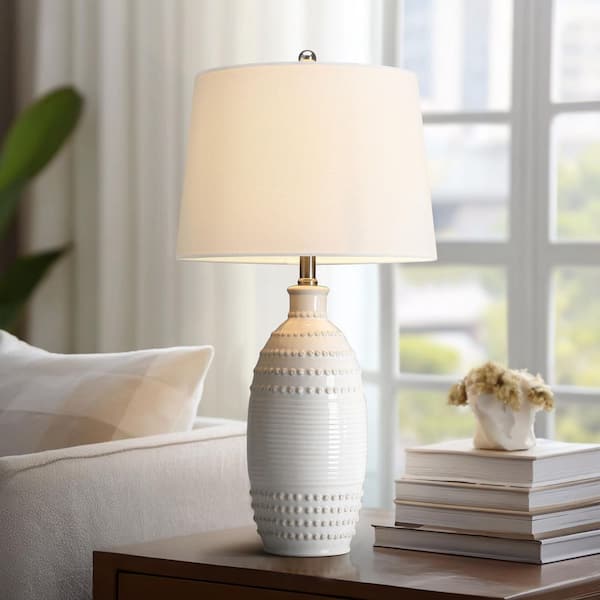 Polka 26in 3-Way White Ceramic Table Lamp Set with White Shades and 3-Way Rotary Socket Switch (Set of 2)