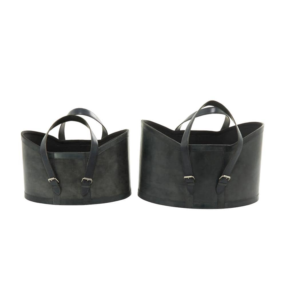 Litton Lane Leather Handmade Storage Basket with Handles (Set of 2