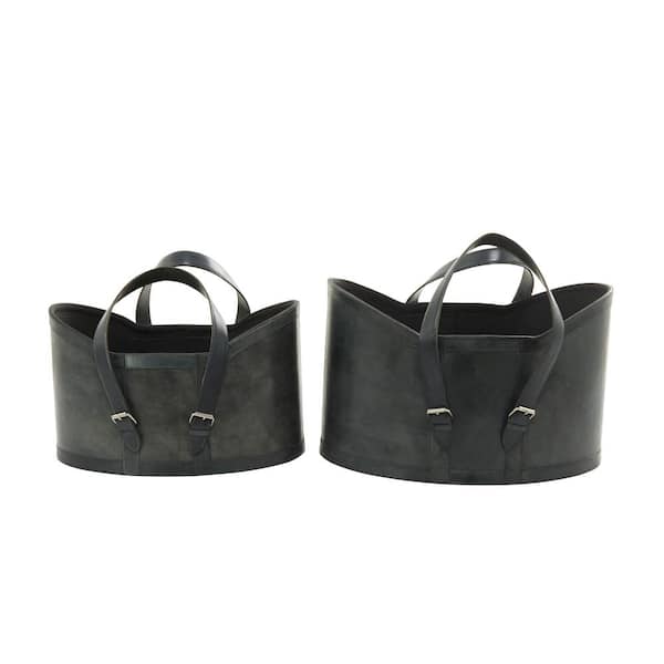Litton Lane Leather Handmade Storage Basket with Handles (Set of 2)