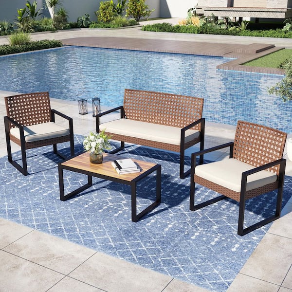 PHI VILLA 4-Piece Outdoor Brown Wicker Patio Conversation Set with beige Cushions and Acacia Wood Coffee Table