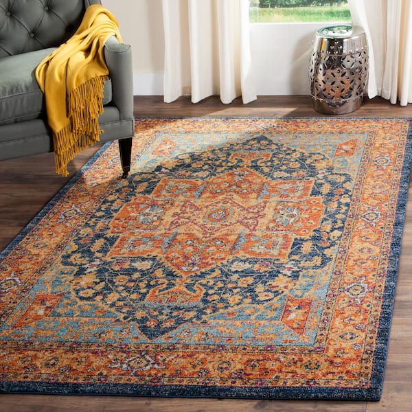 Evoke 10 ft. x 14 ft. Blue/Orange Border Medallion Area Rug