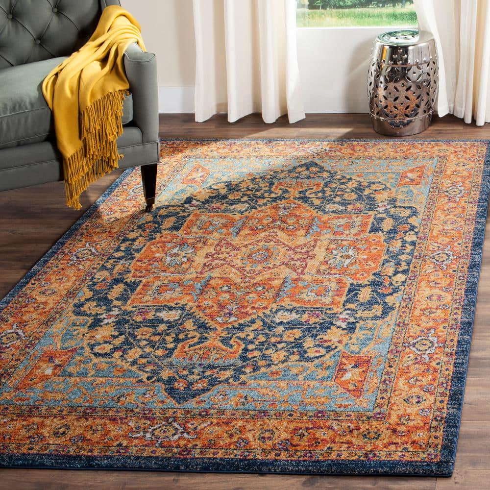 Blue and Orange High Pile Synthetic Boho-Chic Area Rug