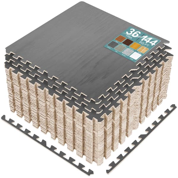 Light Carbon 24 in. W x 24 in. L x .38 in Thick Foam Gym Flooring Mat (144 sq. ft.), Wood Grain Floor Interlocking Tiles