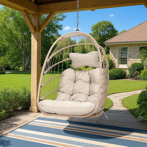 Unbranded Outdoor Wicker Hanging Swing Egg Chair without Stand, Hammock Chair Porch Swings With Beige Cushions