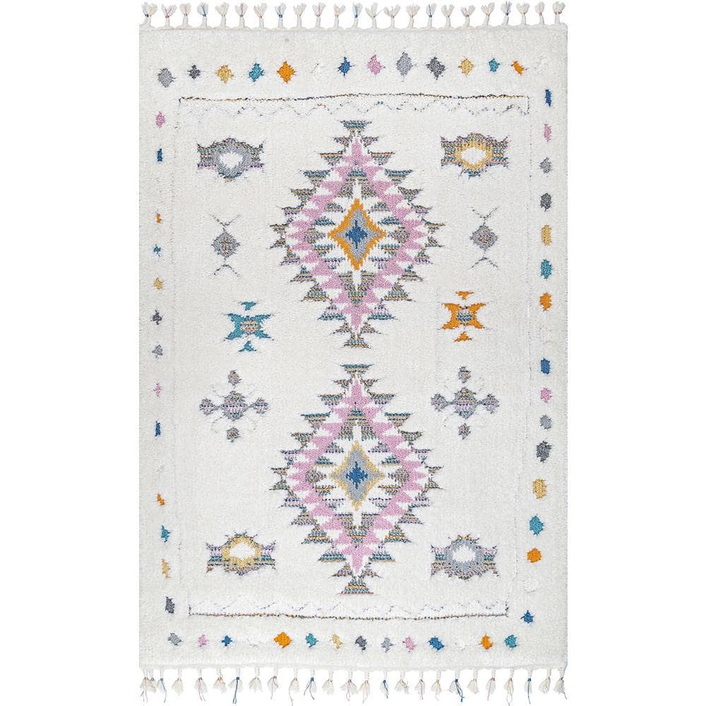nuLOOM Jocelyn Carved Tribal Shag White 4 ft. x 6 ft. Area