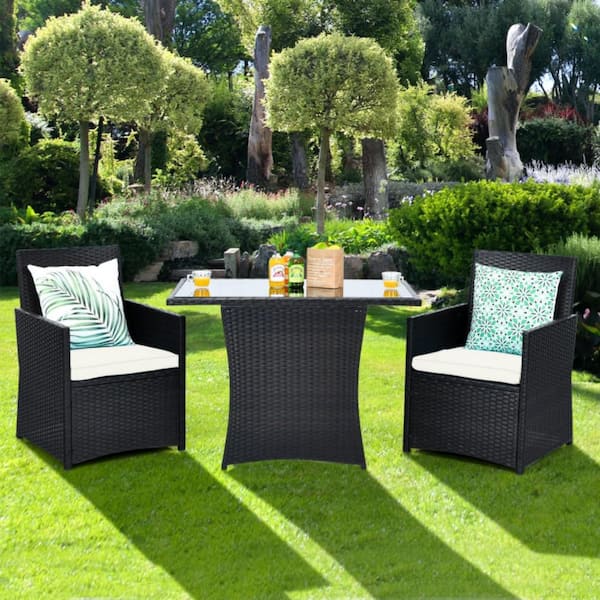 3-Piece Rattan Patio Conversation Set with White Cushions