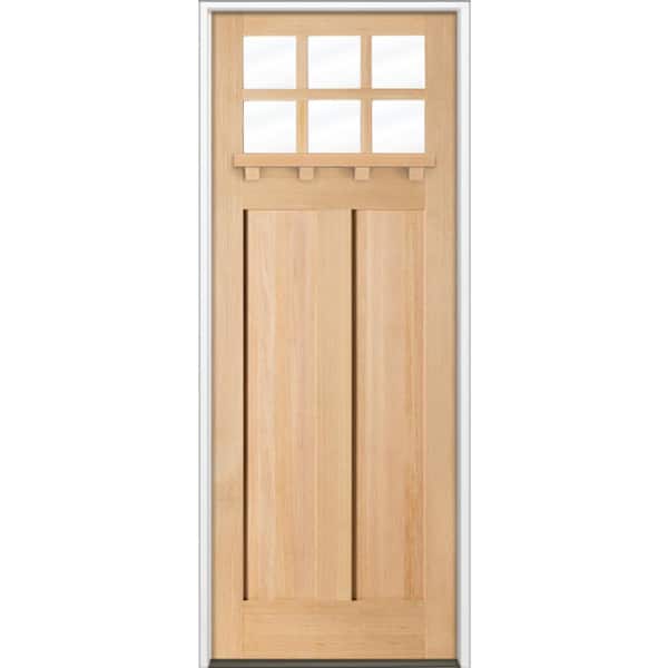 Krosswood Doors 36 in. x 96 in. Craftsman Universal Handing 6 Lite Clear Glass Unstained Hemlock Wood Front Door Slab with Dentil Shelf