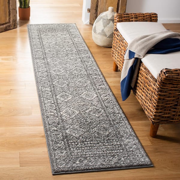 Tulum 2 ft. x 21 ft. Dark Gray/Ivory Border Geometric Diamonds Runner Rug