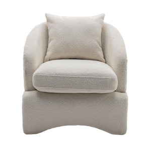 Modern Beige Armchair Upholstered Teddy Fabric Accent with Wood Base and Pillow